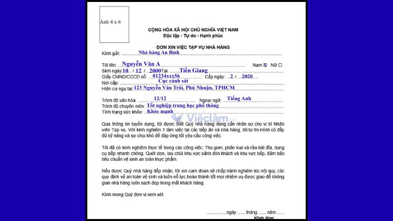 Mẫu đơn xin việc tạp vụ nhà hàng
