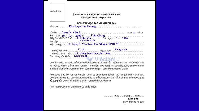 Mẫu đơn xin việc tạp vụ khách sạn