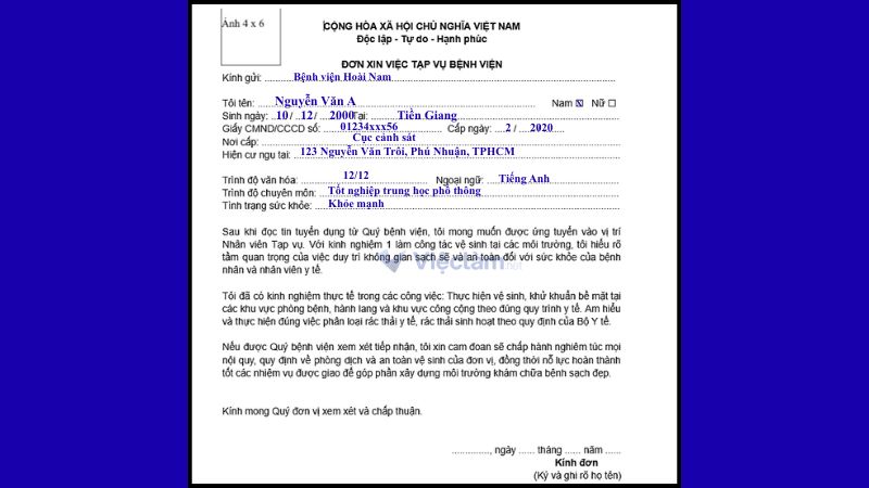 Mẫu đơn xin việc tạp vụ bệnh viện