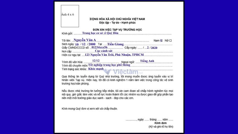 Mẫu đơn xin việc tạp vụ trường học