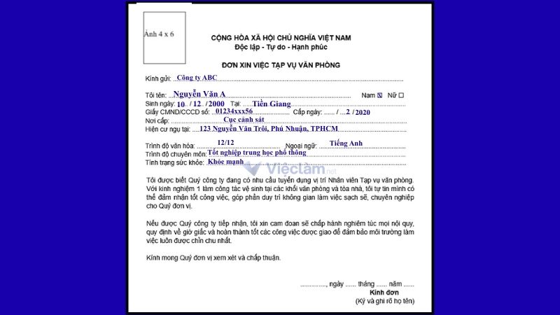 Mẫu đơn xin việc tạp vụ văn phòng