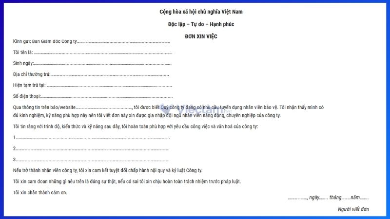 Mẫu đơn xin việc bảo vệ