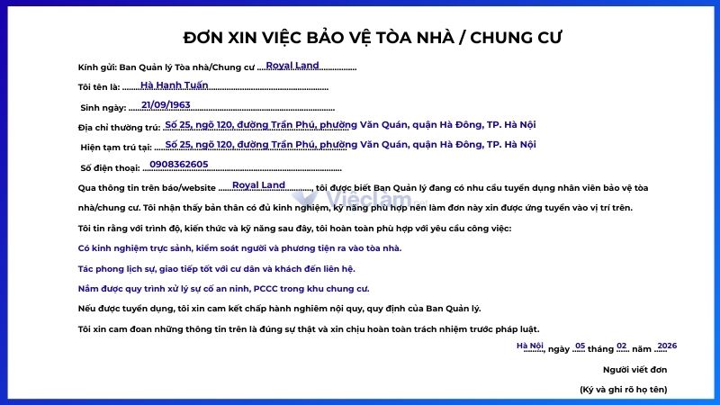 Mẫu đơn xin việc bảo vệ tòa nhà / chung cư