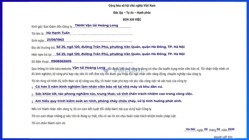 Mẫu đơn xin việc bảo vệ chung cho các vị trí
