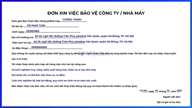 Mẫu đơn xin việc bảo vệ công ty / nhà máy