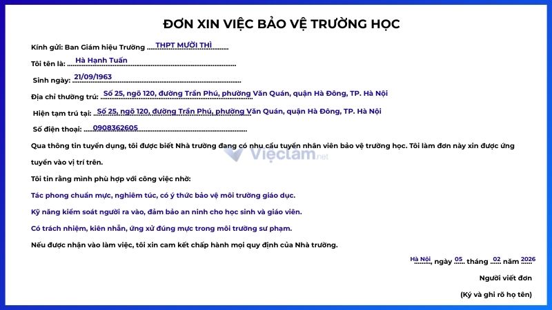 Mẫu đơn xin việc bảo vệ trường học