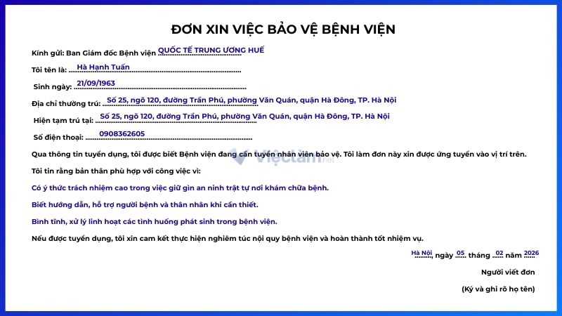 Mẫu đơn xin việc bảo vệ bệnh viện