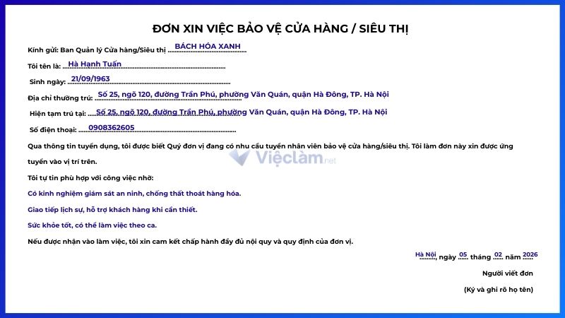 Mẫu đơn xin việc bảo vệ cửa hàng / siêu thị