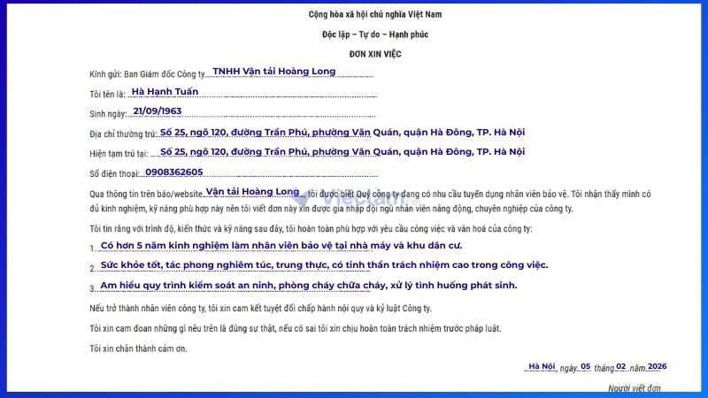 Hướng dẫn cách ghi đơn xin việc bảo vệ