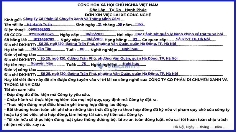Mẫu đơn xin lái xe công nghệ (Grab, Xanh SM…)