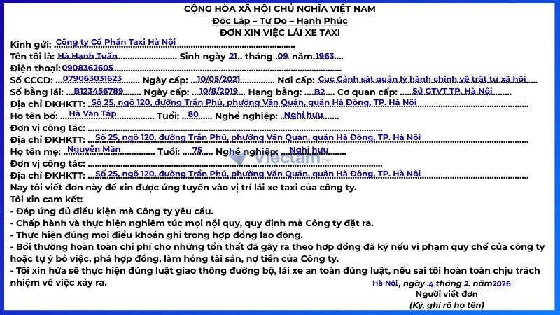 Mẫu đơn xin việc lái xe taxi