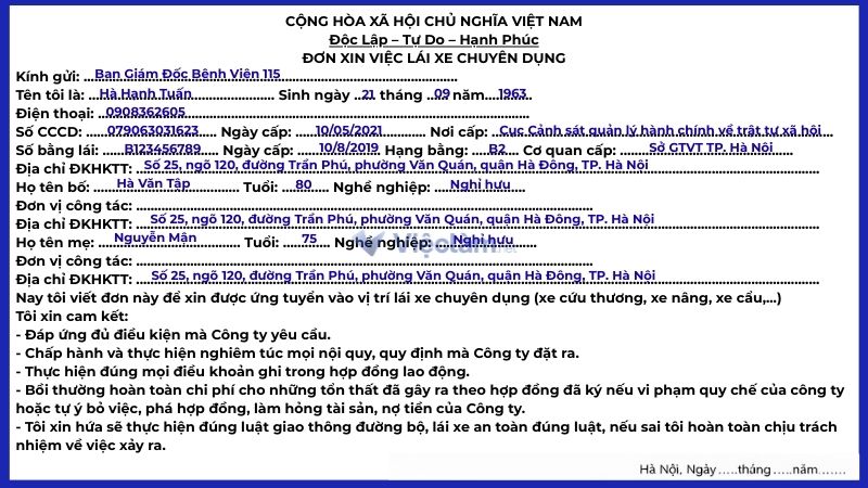 Mẫu đơn xin việc lái xe chuyên dụng (xe cứu thương, xe nâng, xe cẩu…)