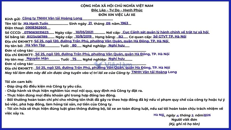 Hướng dẫn cách ghi đơn xin việc lái xe