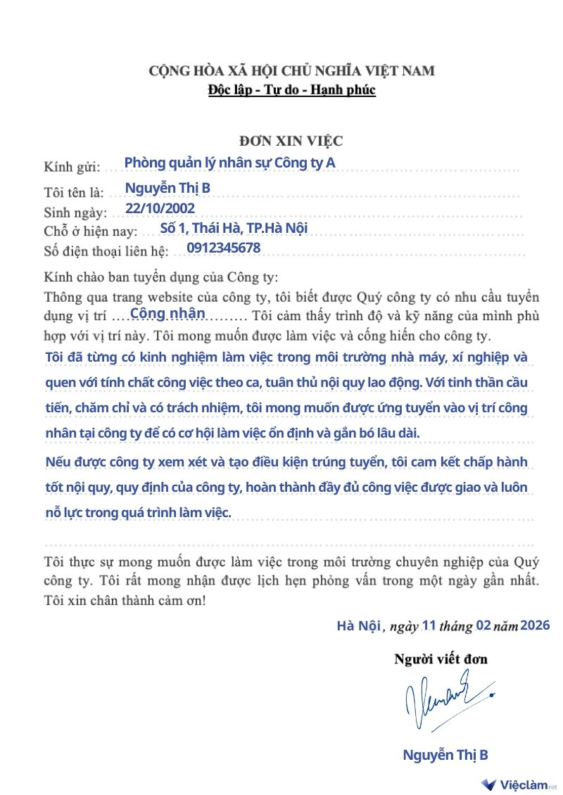 Mẫu đơn xin việc cho công nhân