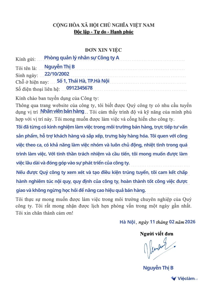 Mẫu đơn xin việc cho nhân viên bán hàng