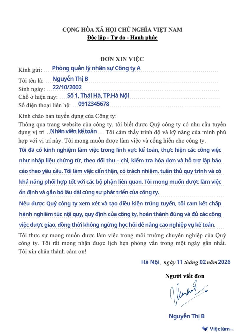 Mẫu đơn xin việc cho vị trí nhân viên kế toán