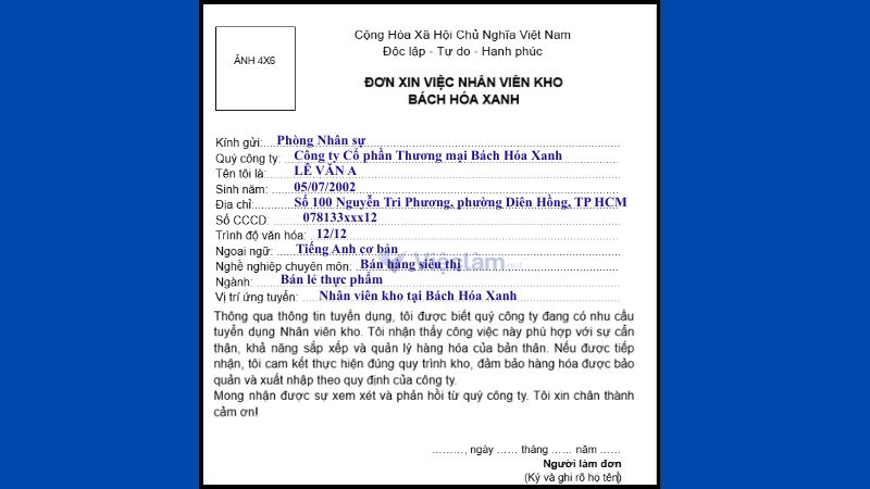 Đơn xin việc nhân viên kho tại Bách Hóa Xanh&nbsp;