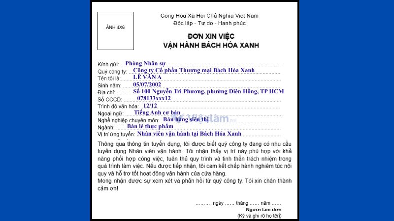 Đơn xin việc nhân viên vận hành tại Bách Hóa Xanh