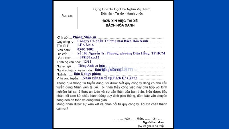 Đơn xin việc nhân viên tài xế tại Bách Hóa Xanh