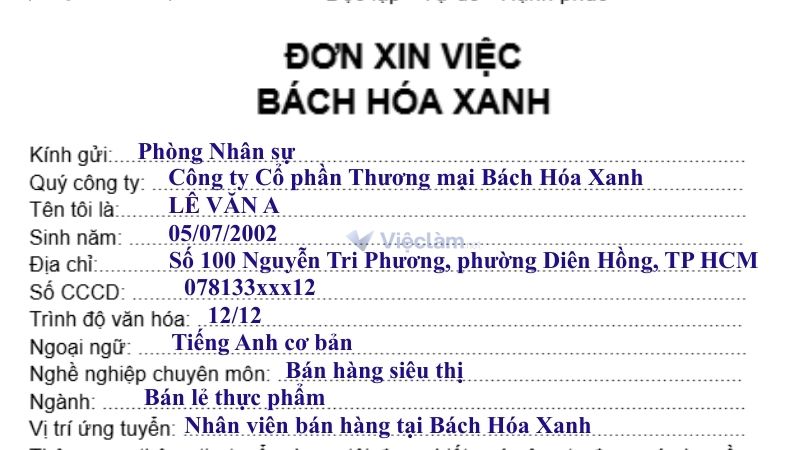 Hướng dẫn điền các mục trong đơn xin việc Bách Hóa Xanh