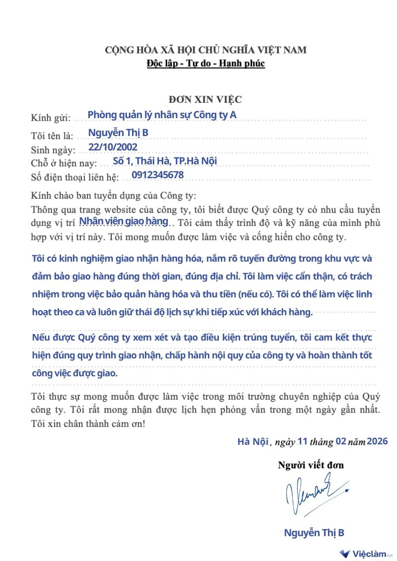 Mẫu đơn xin việc cho vị trí nhân viên giao hàng