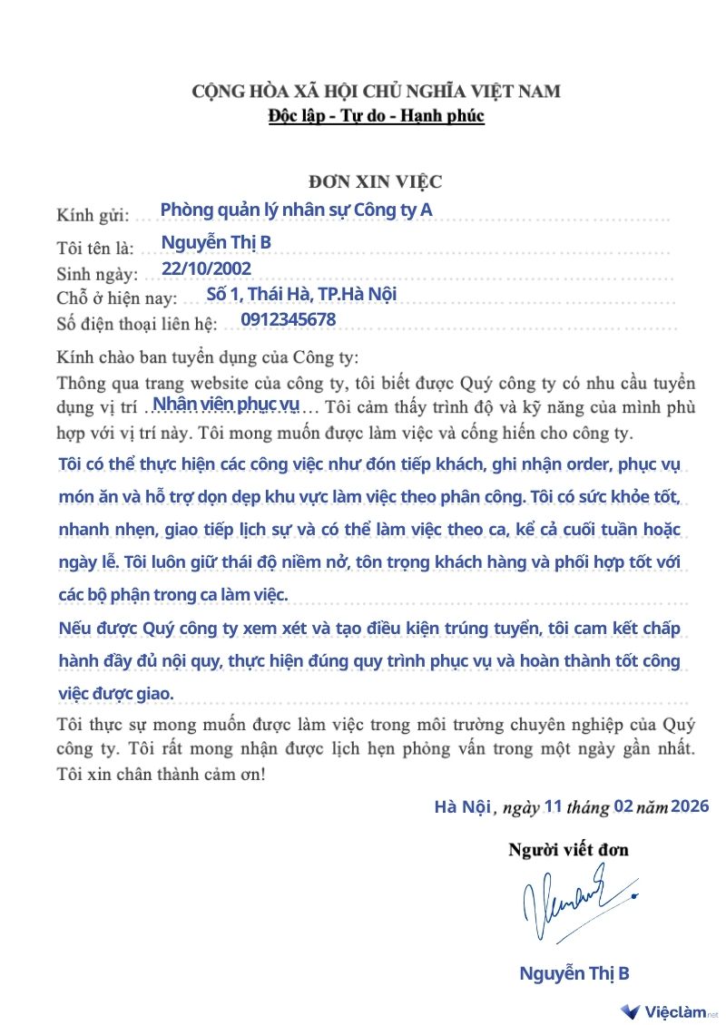 Mẫu đơn xin việc cho vị trí Nhân viên phục vụ