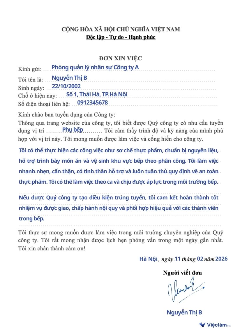 Mẫu đơn xin việc cho vị trí phụ bếp