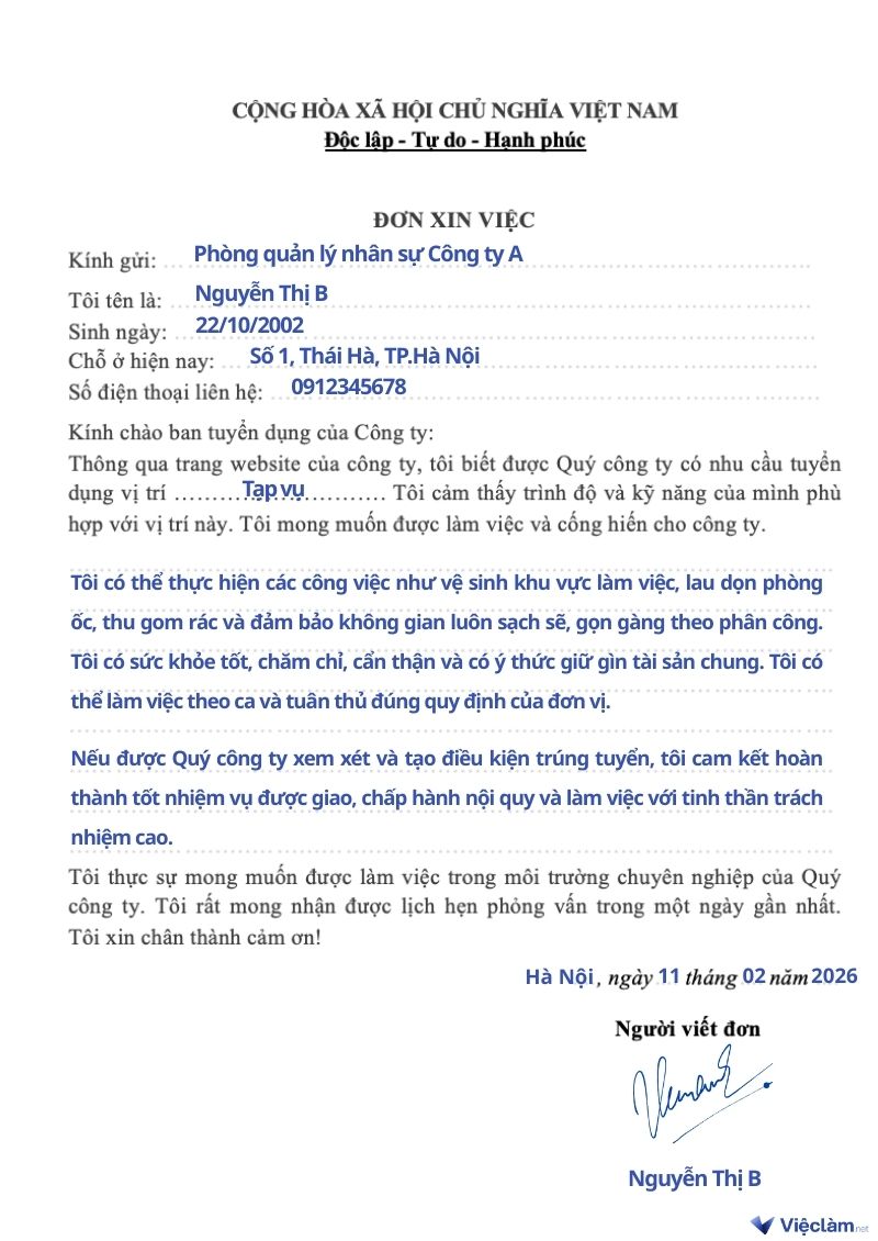 Mẫu đơn xin việc cho vị trí tạp vụ