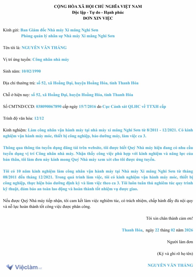 Tham khảo Mẫu đơn xin việc Công nhân nhà máy