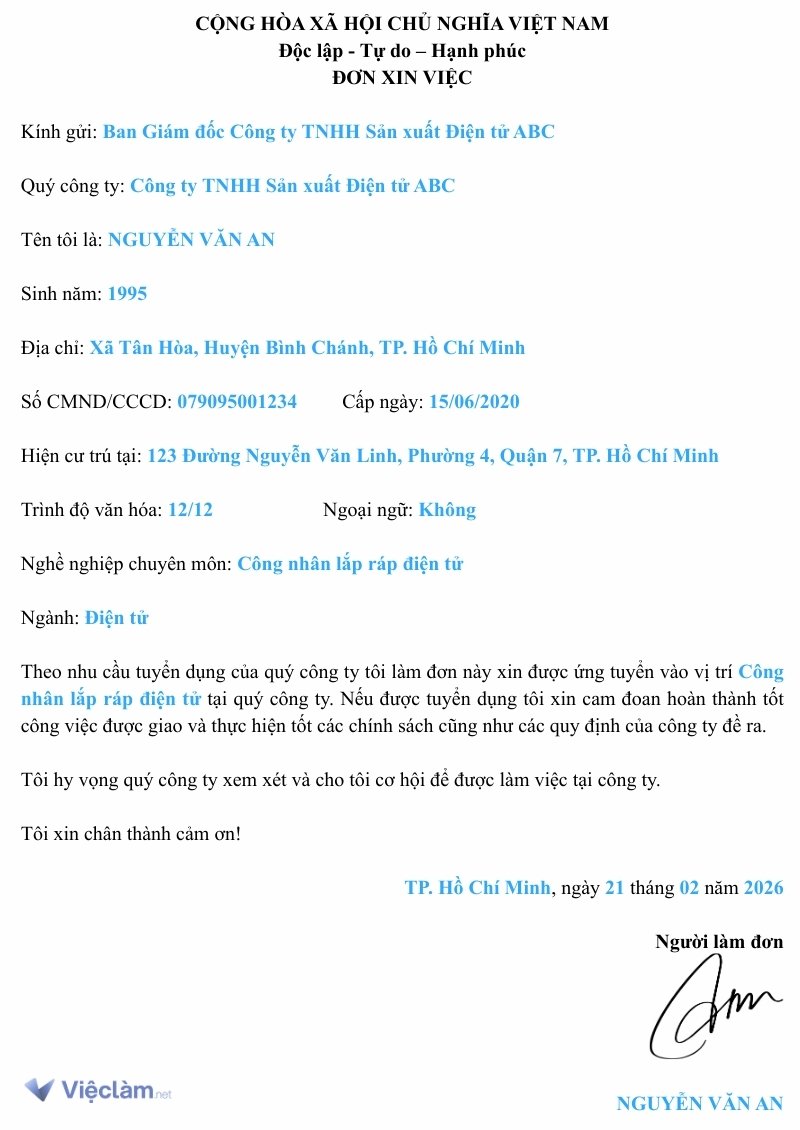 Mẫu đơn xin việc công nhân dùng chung