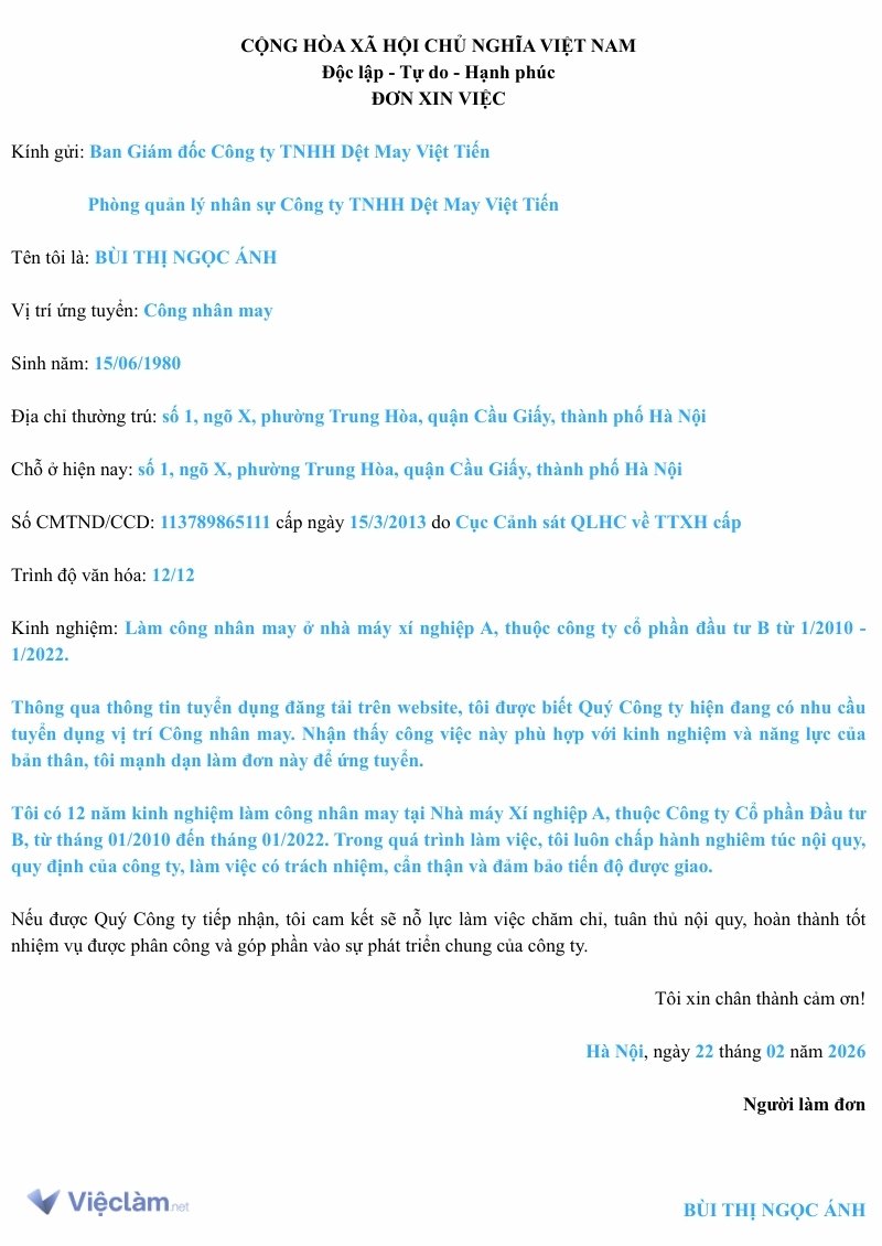 Tham khảo Mẫu đơn xin việc công nhân may mặc