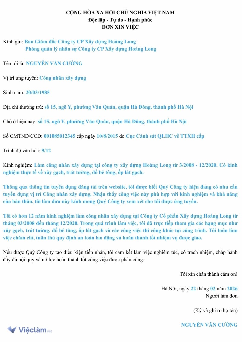 Mẫu đơn xin việc Công nhân xây dựng