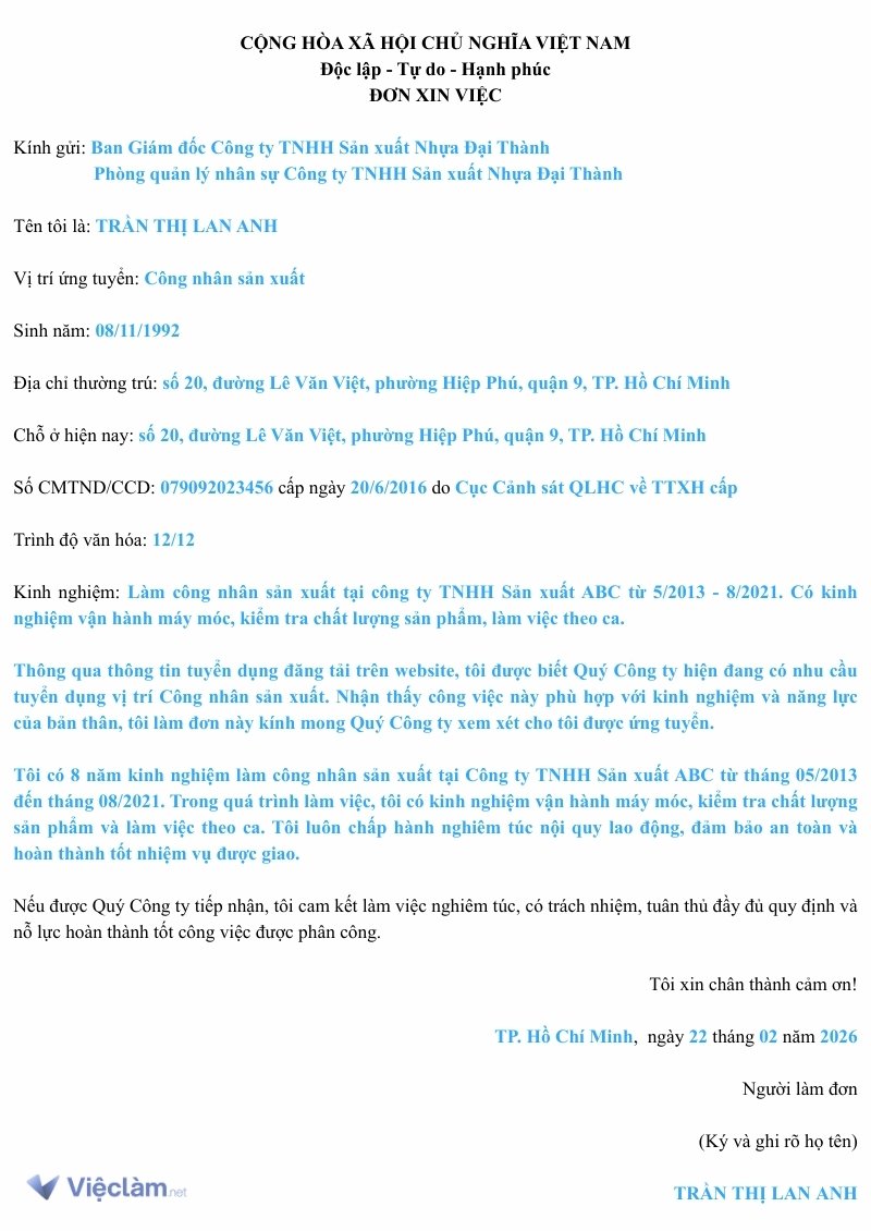 Mẫu đơn xin việc Công nhân sản xuất