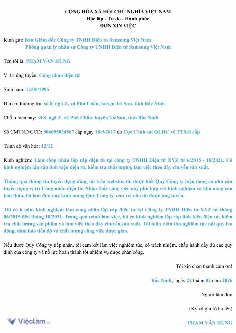 Tham khảo Mẫu đơn xin việc Công nhân điện tử