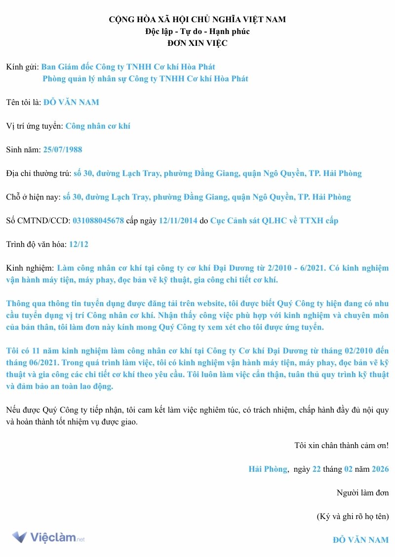 Tham khảo Mẫu đơn xin việc Công nhân cơ khí