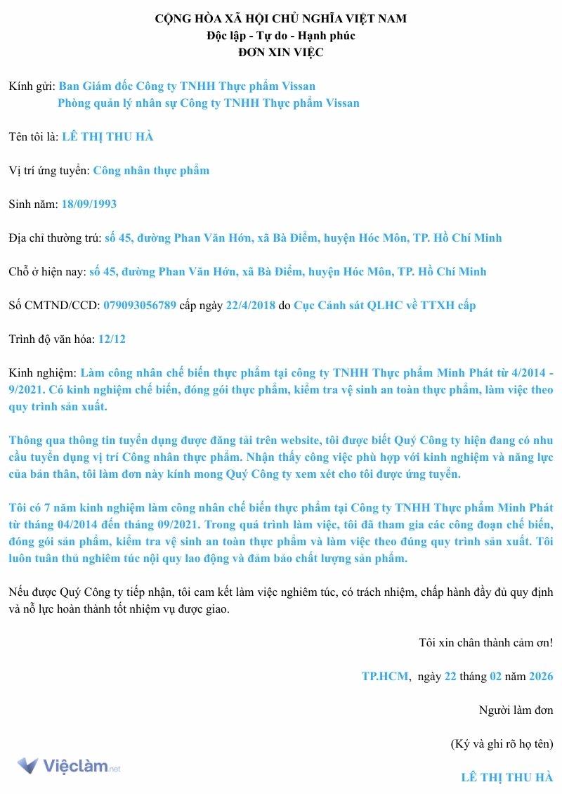 Tham khảo Mẫu đơn xin việc Công nhân thực phẩm