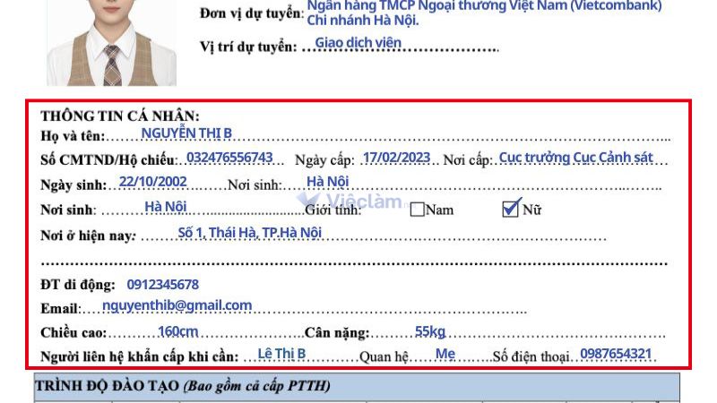 Cách ghi mục "Thông tin cá nhân" trong đơn xin việc Vietcombank