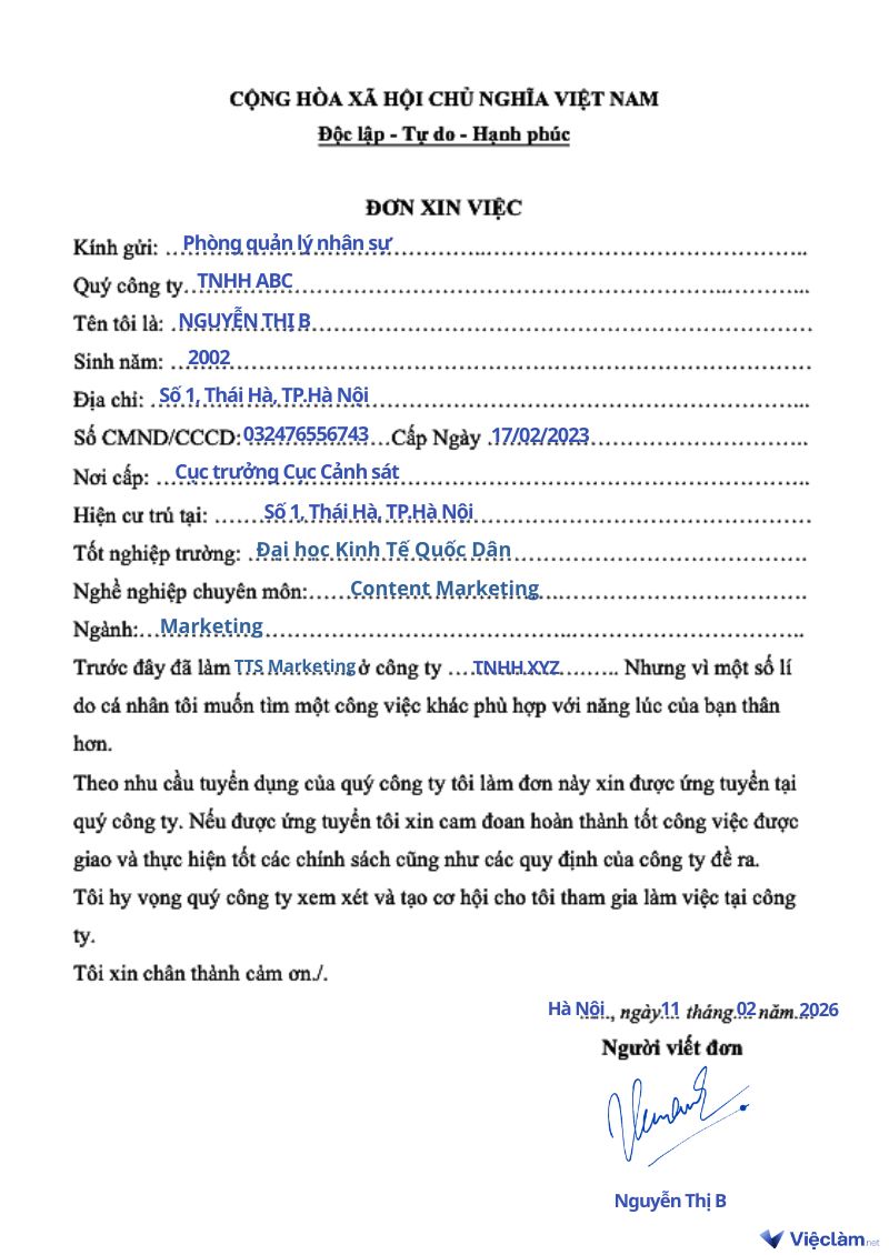 Mẫu đơn xin việc viết tay chung