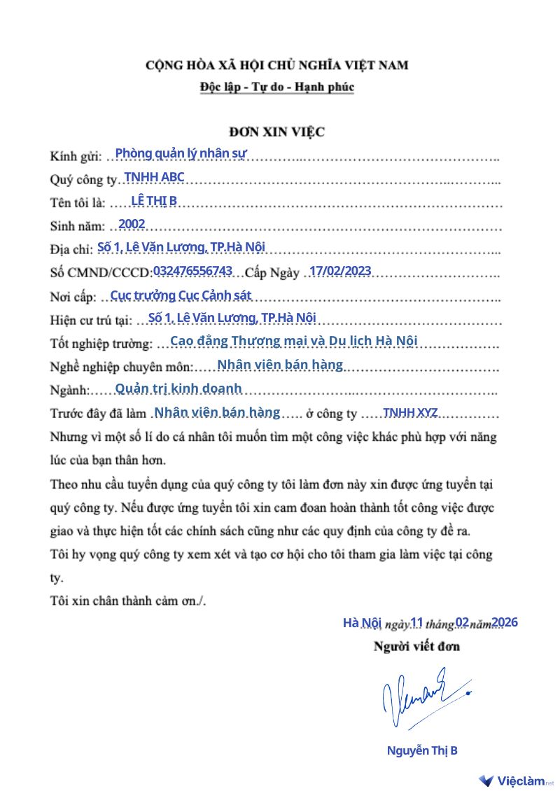 Mẫu đơn xin việc viết tay cho nhân viên bán hàng