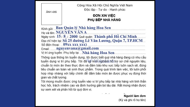 Mẫu đơn xin việc phụ bếp nhà hàng