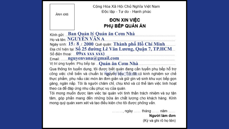 Mẫu đơn xin việc phụ bếp quán ăn gia đình