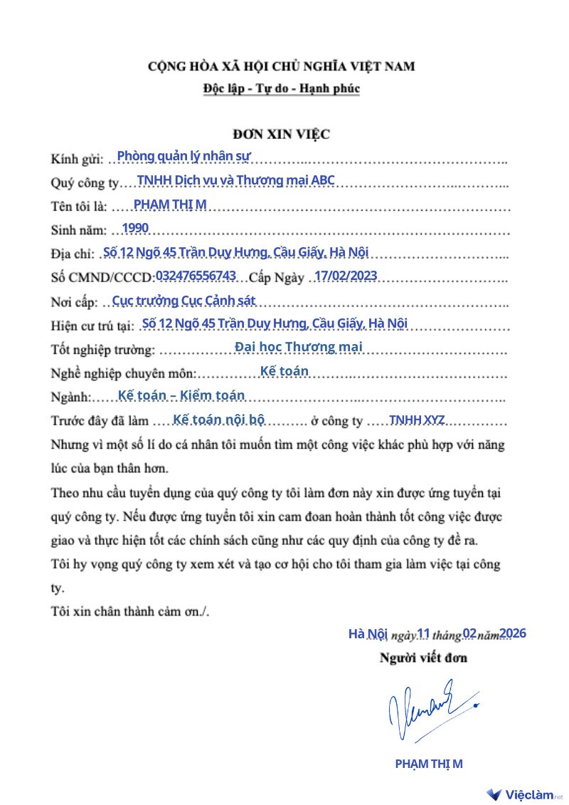 Mẫu đơn xin việc viết tay cho nhân viên kế toán