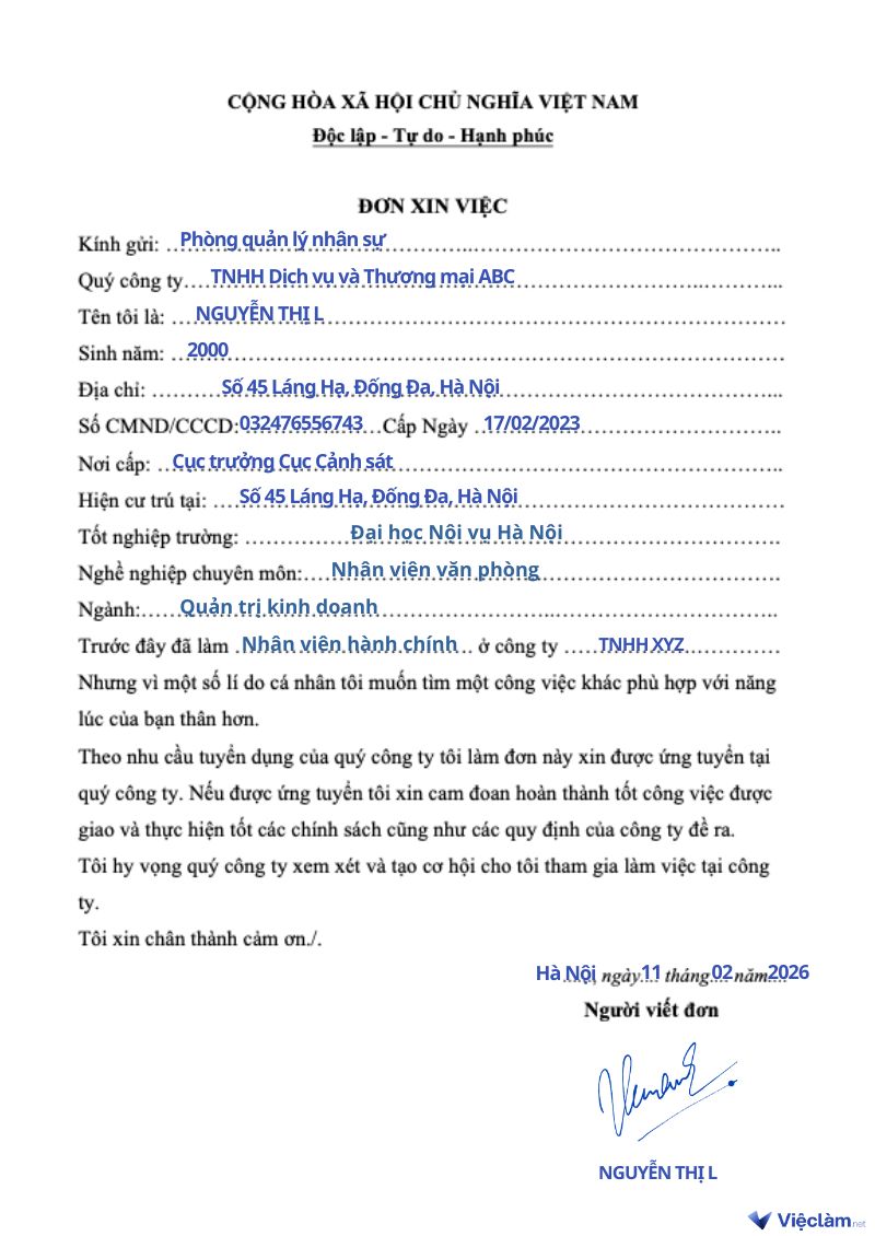 Mẫu đơn xin việc viết tay cho nhân viên văn phòng