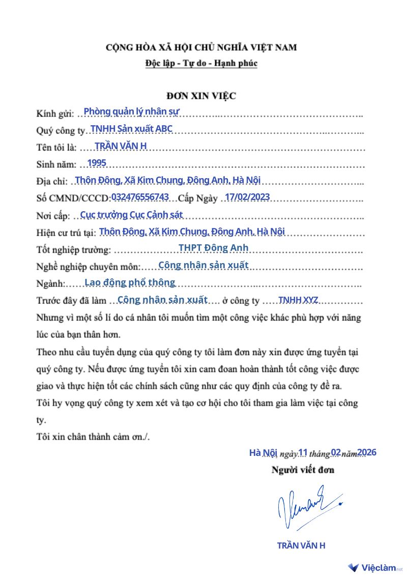 Mẫu đơn xin việc viết tay cho công nhân