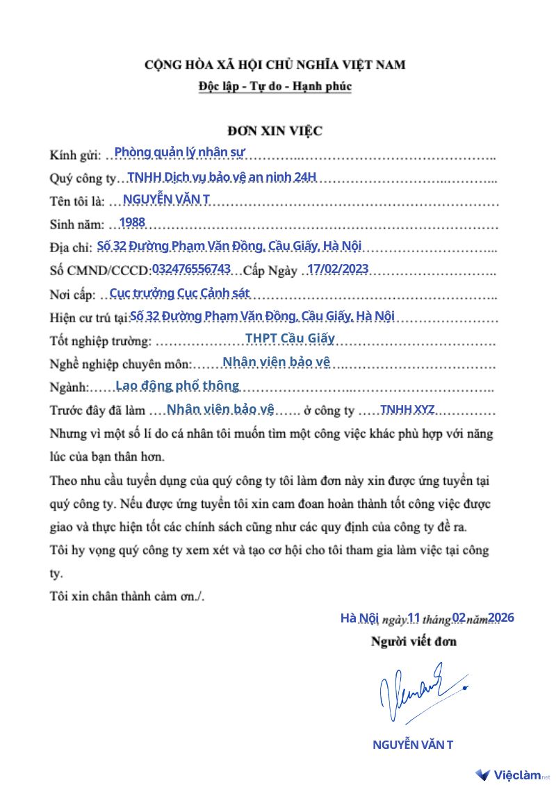 Mẫu đơn xin việc viết tay cho bảo vệ
