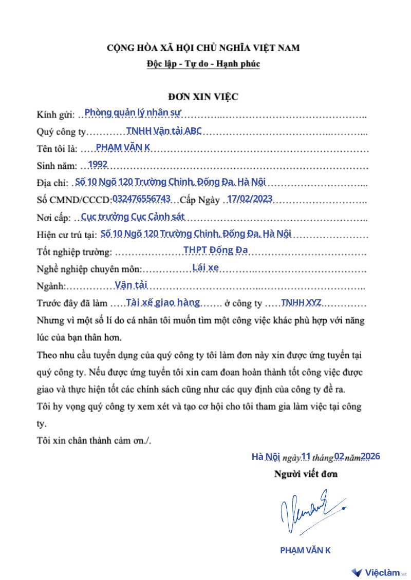 Mẫu đơn xin việc viết tay cho lái xe