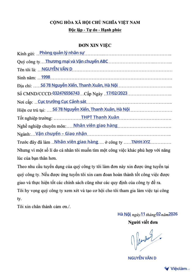 Mẫu đơn xin việc viết tay cho nhân viên giao hàng