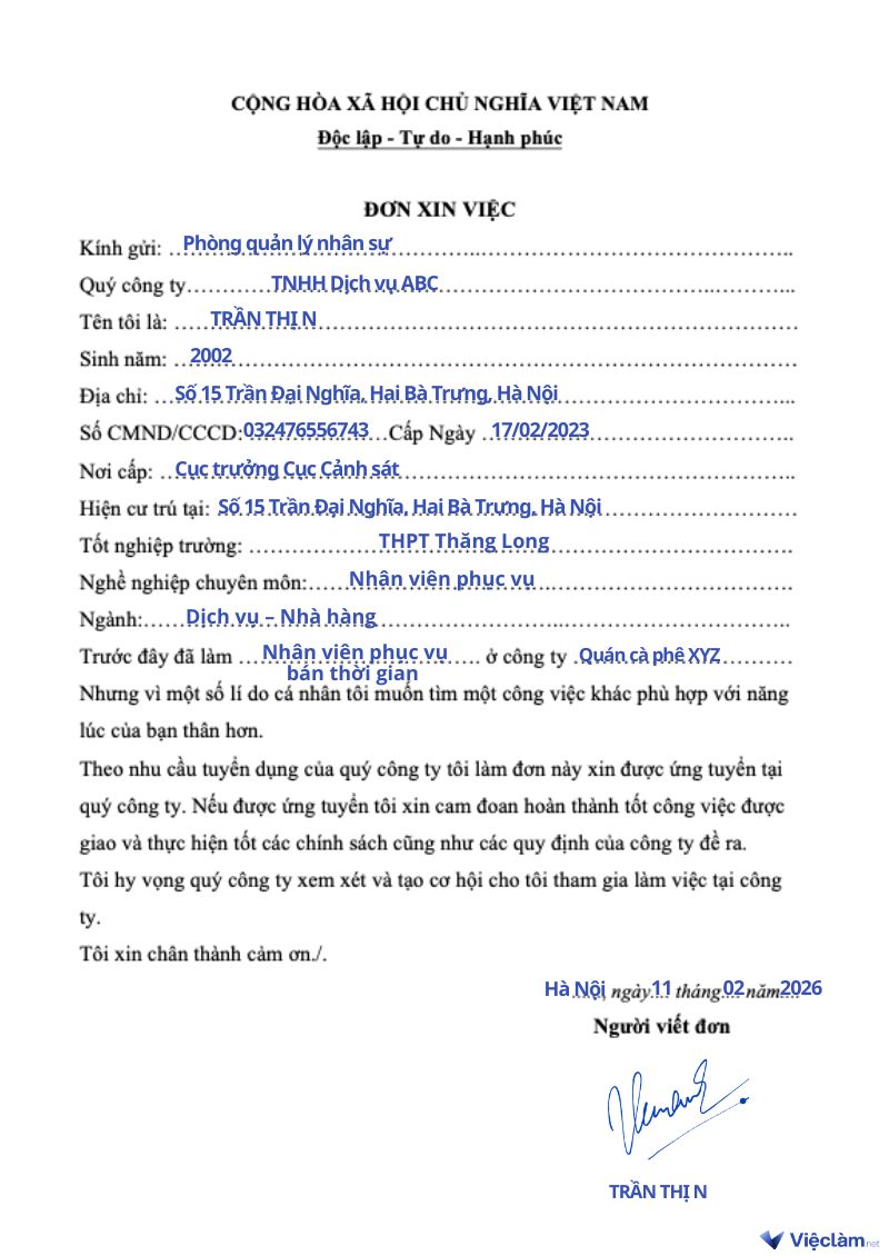 Mẫu đơn xin việc viết tay cho nhân viên phục vụ