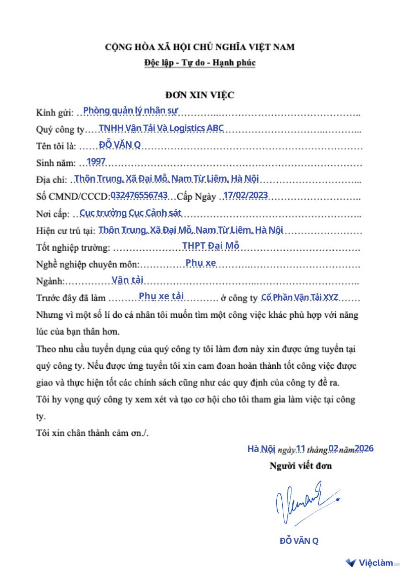 Mẫu đơn xin việc viết tay cho phụ xe