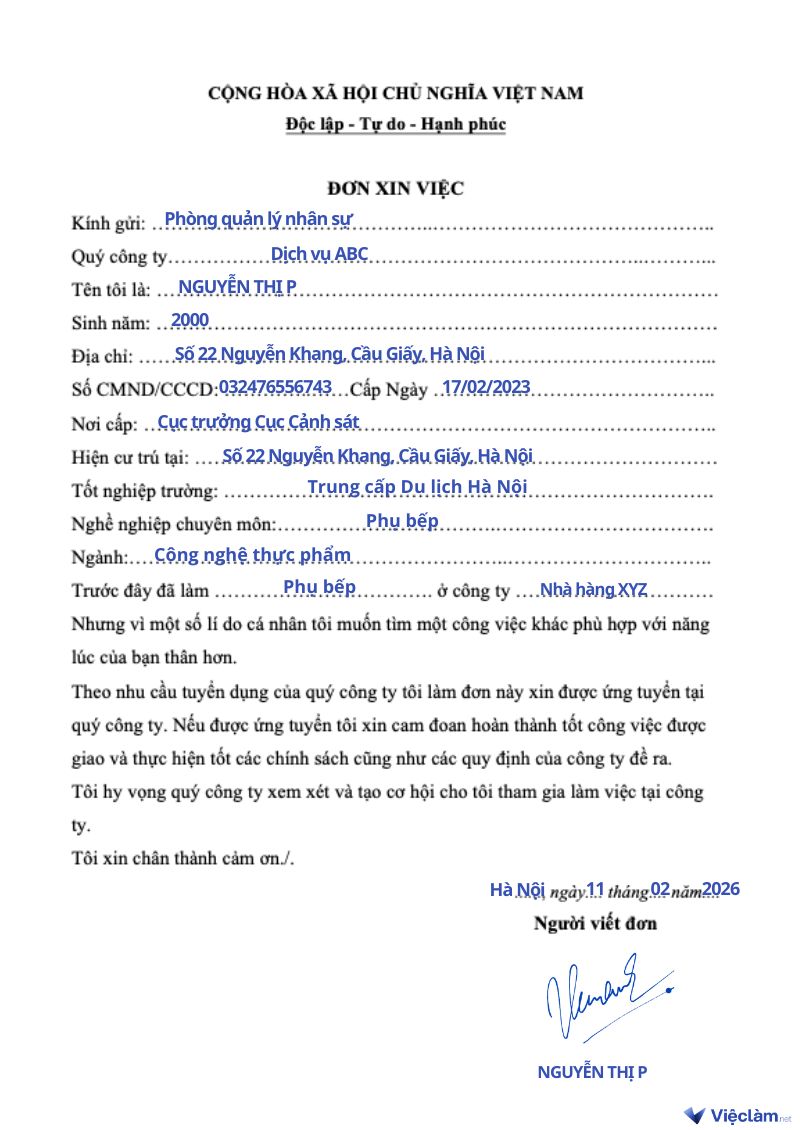 Mẫu đơn xin việc viết tay cho phụ bếp